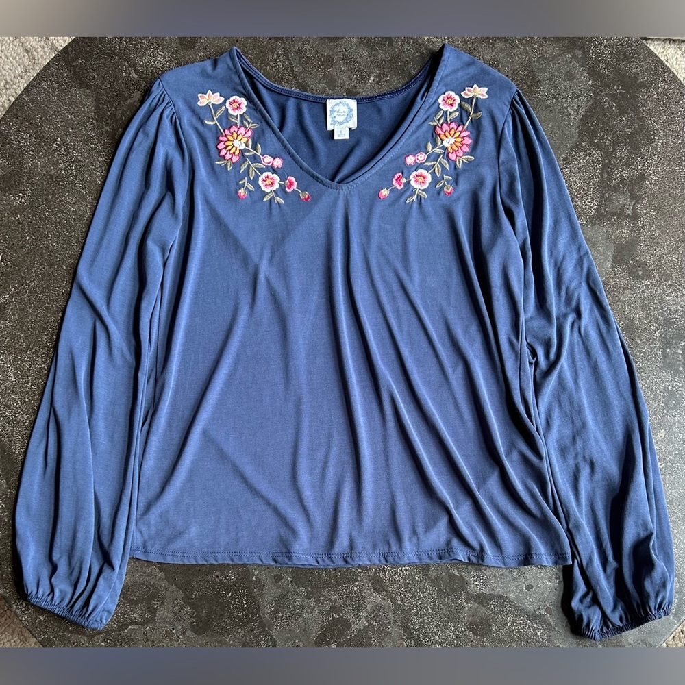 Blue Rain | Navy Blue Floral Embroidered Blouse